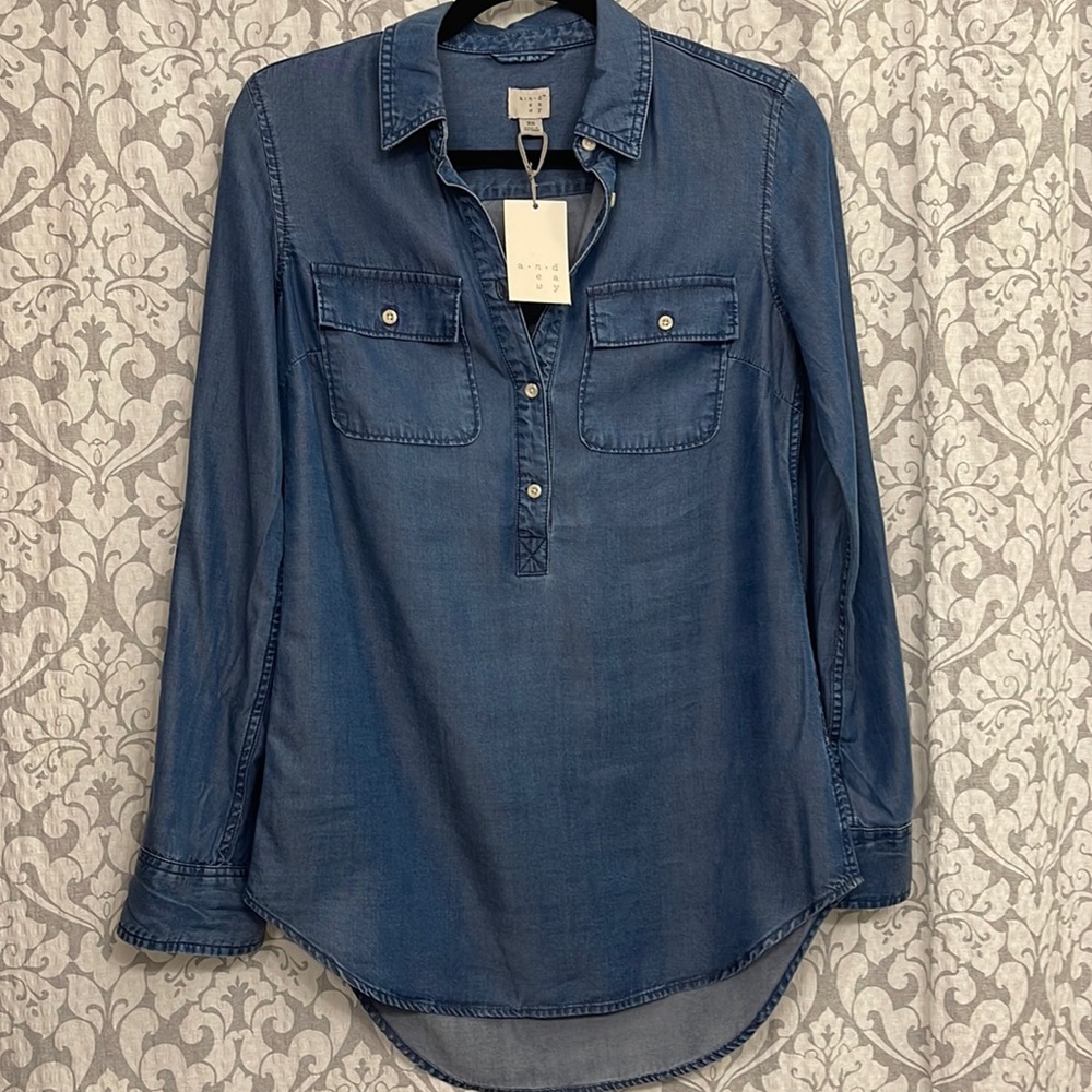 A.n.d eawy womens denim long sleeve half button top